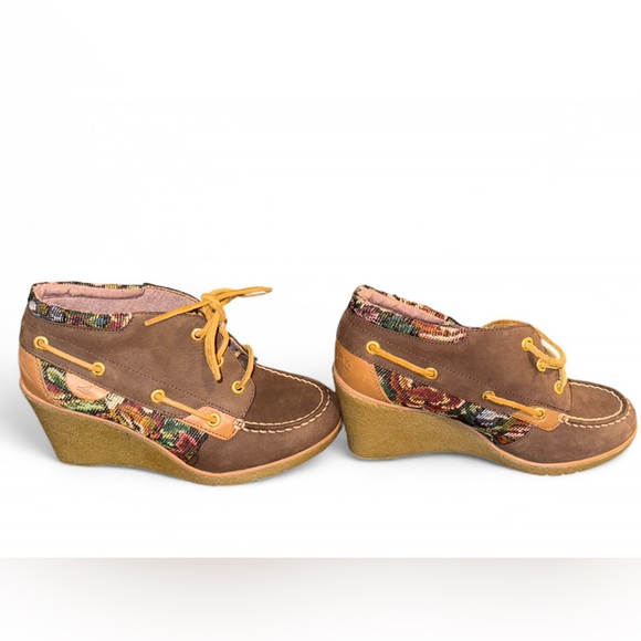 Sperry Hadley Tapestry Leather Wedge Boots Brown Floral Ankle Women's Shoes 7.5 - Picture 4 of 9